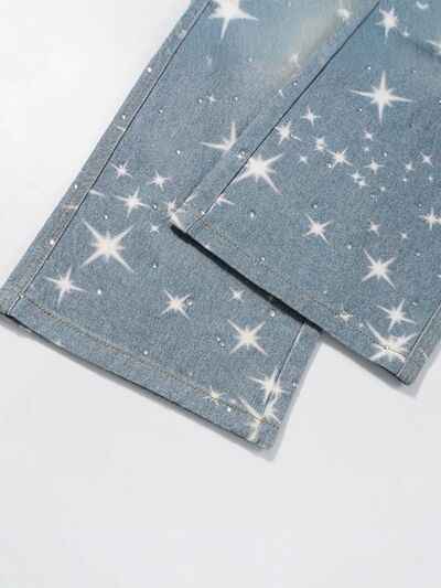 Washed Rhinestone Star Print Jeans - Damned Threads